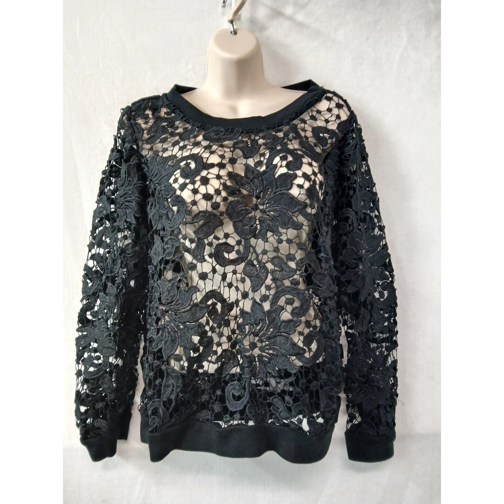 Bellatrix Black Floral Guipure Lace Sheer Long Sleeve Top Petite Large‎ LP